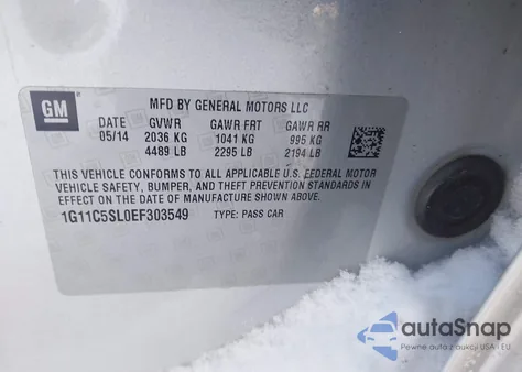 2014 Chevrolet Malibu 1Lt z USA, uszkodzony, nr VIN 1G11C5SL0EF303549